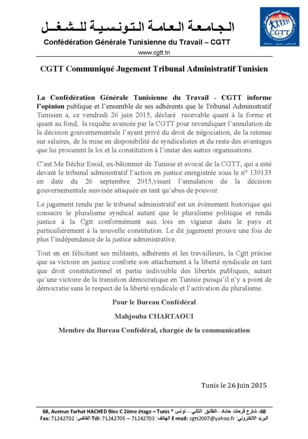 Communique CGTT jugement tribunal administratif