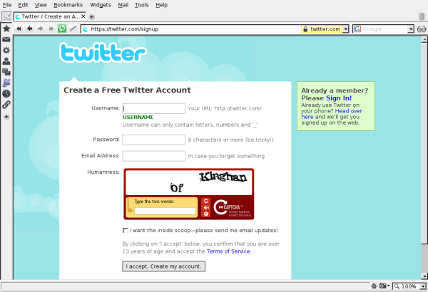 Twitter sign up page.